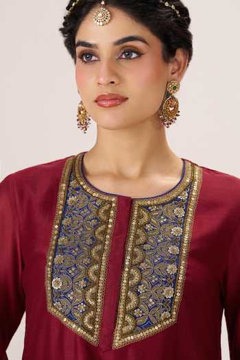 Shop Almaari By Pooja Patel Red Silk, Chanderi, Tissue Round Neck, Yes Zeenat Embroidered Kurta Set Shop_Almaari By Pooja Patel_Red Silk, Chanderi, Tissue Round Neck, Yes Zeenat Embroidered Kurta Set
