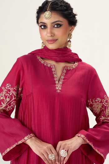 Buy_Almaari By Pooja Patel_Red , Silk Split V-neck Gulnaar Kurta Pant Set 