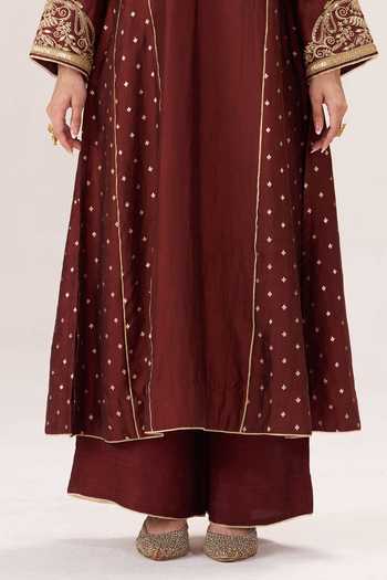 Shop Almaari By Pooja Patel Brown Silk, Organza, Tissue Split V-neck, Yes Heer Embroidered Kurta Set Online at Aza Fashions Shop_Almaari By Pooja Patel_Brown Silk, Organza, Tissue Split V-neck, Yes Heer Embroidered Kurta Set _Online_at_Aza_Fashions