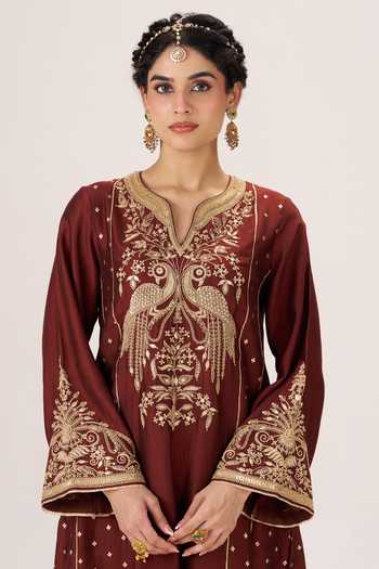 Buy Almaari By Pooja Patel Brown Silk, Organza, Tissue Split V-neck, Yes Heer Embroidered Kurta Set Buy_Almaari By Pooja Patel_Brown Silk, Organza, Tissue Split V-neck, Yes Heer Embroidered Kurta Set