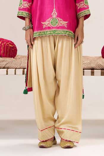 Almaari By Pooja Patel Pink Chanderi Silk, Satin, Modal, Tissue Round Gulabo Short Kurta Salwar Set Online at Aza Fashions Almaari By Pooja Patel_Pink Chanderi Silk, Satin, Modal, Tissue Round Gulabo Short Kurta Salwar Set _Online_at_Aza_Fashions