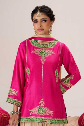 Almaari By Pooja Patel Pink Chanderi Silk, Satin, Modal, Tissue Round Gulabo Short Kurta Salwar Set at Aza Fashions Almaari By Pooja Patel_Pink Chanderi Silk, Satin, Modal, Tissue Round Gulabo Short Kurta Salwar Set _at_Aza_Fashions