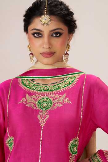 Buy Almaari By Pooja Patel Pink Chanderi Silk, Satin, Modal, Tissue Round Gulabo Short Kurta Salwar Set Buy_Almaari By Pooja Patel_Pink Chanderi Silk, Satin, Modal, Tissue Round Gulabo Short Kurta Salwar Set