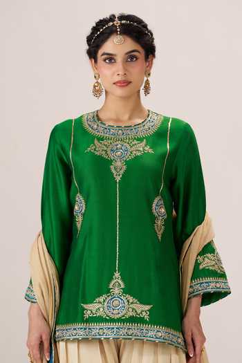 Almaari By Pooja Patel Green Chanderi Silk, Modal, Chanderi, Tissue Round Gulabo Short Kurta Salwar Set Online at Aza Fashions Almaari By Pooja Patel_Green Chanderi Silk, Modal, Chanderi, Tissue Round Gulabo Short Kurta Salwar Set _Online_at_Aza_Fashions