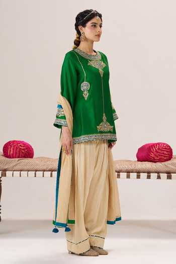 Shop Almaari By Pooja Patel Green Chanderi Silk, Modal, Chanderi, Tissue Round Gulabo Short Kurta Salwar Set Online at Aza Fashions Shop_Almaari By Pooja Patel_Green Chanderi Silk, Modal, Chanderi, Tissue Round Gulabo Short Kurta Salwar Set _Online_at_Aza_Fashions