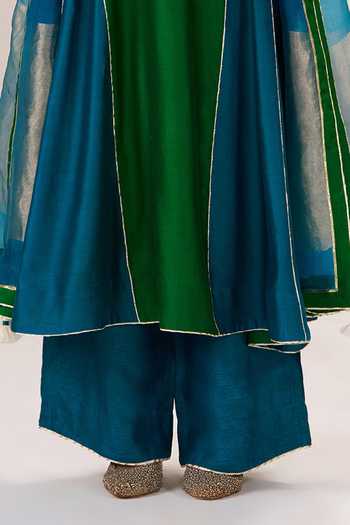 Almaari By Pooja Patel_Blue Silk, Chanderi, Tissue Round Neck Morni Embroidered Kurta Palazzo Set _Online_at_Aza_Fashions