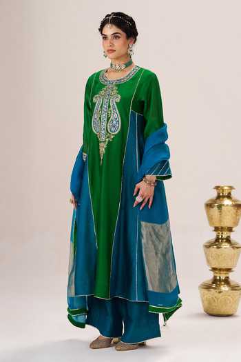 Buy_Almaari By Pooja Patel_Blue Silk, Chanderi, Tissue Round Neck Morni Embroidered Kurta Palazzo Set _Online_at_Aza_Fashions