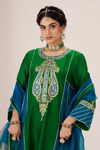 Shop_Almaari By Pooja Patel_Blue Silk, Chanderi, Tissue Round Neck Morni Embroidered Kurta Palazzo Set _Online_at_Aza_Fashions