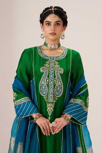 Almaari By Pooja Patel_Blue Silk, Chanderi, Tissue Round Neck Morni Embroidered Kurta Palazzo Set _at_Aza_Fashions