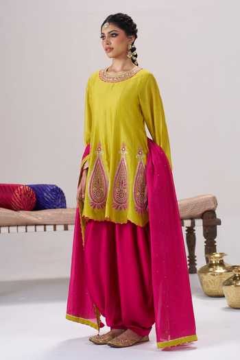 Almaari By Pooja Patel_Yellow Satin, Modal, Silk, Chanderi Round Neck, Yes Roop Kurta Dhoti Pant Set _Online_at_Aza_Fashions