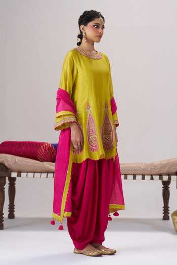 Buy_Almaari By Pooja Patel_Yellow Satin, Modal, Silk, Chanderi Round Neck, Yes Roop Kurta Dhoti Pant Set _Online_at_Aza_Fashions