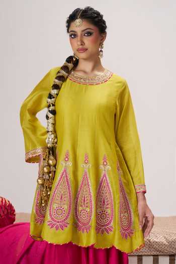 Shop_Almaari By Pooja Patel_Yellow Satin, Modal, Silk, Chanderi Round Neck, Yes Roop Kurta Dhoti Pant Set _Online_at_Aza_Fashions