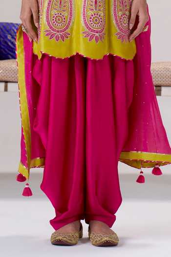 Almaari By Pooja Patel_Yellow Satin, Modal, Silk, Chanderi Round Neck, Yes Roop Kurta Dhoti Pant Set _at_Aza_Fashions