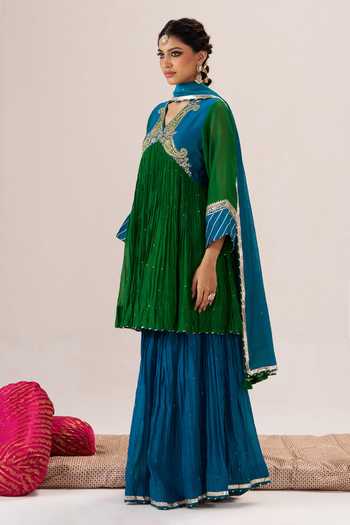 Shop_Almaari By Pooja Patel_Blue V-, Keyhole Raunak Gathered Kurta And Sharara Set _Online_at_Aza_Fashions