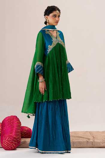 Almaari By Pooja Patel_Blue V-, Keyhole Raunak Gathered Kurta And Sharara Set _at_Aza_Fashions
