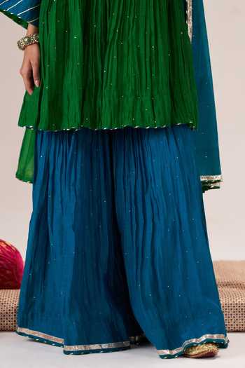 Buy_Almaari By Pooja Patel_Blue V-, Keyhole Raunak Gathered Kurta And Sharara Set 