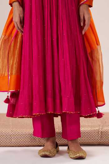 Shop_Almaari By Pooja Patel_Pink Chanderi Silk, Silk, Chanderi, Tissue Round Neck Sohni Anarkali Pant Set _Online_at_Aza_Fashions