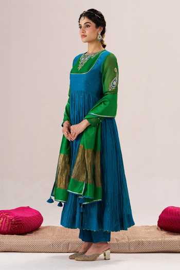 Almaari By Pooja Patel Blue Chanderi Silk, Silk, Chanderi, Tissue Round Neck Sohni Anarkali Set Online at Aza Fashions Almaari By Pooja Patel_Blue Chanderi Silk, Silk, Chanderi, Tissue Round Neck Sohni Anarkali Set _Online_at_Aza_Fashions