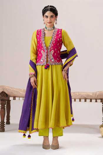 Almaari By Pooja Patel Phulkari Jacket Chanderi Silk Anarkali Set 