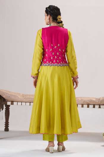 Almaari By Pooja Patel Phulkari Jacket Chanderi Silk Anarkali Set 