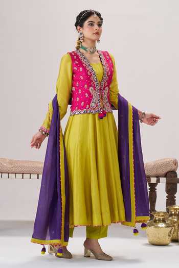 Almaari By Pooja Patel Yellow , , Square Neck, Phulkari Jacket Anarkali Set at Aza Fashions Almaari By Pooja Patel_Yellow , , Square Neck, Phulkari Jacket Anarkali Set _at_Aza_Fashions