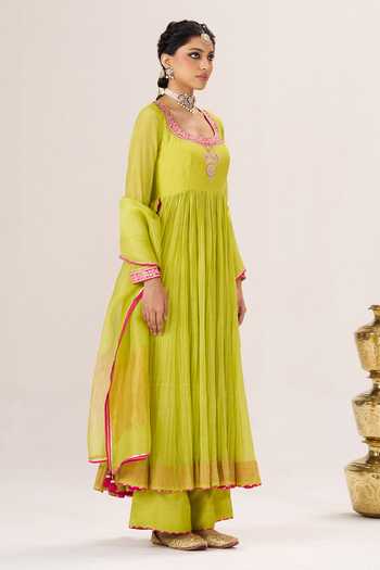 Almaari By Pooja Patel Lime Silk, , Silk, Tissue Roop Anarkali Kurta And Pant Set Online at Aza Fashions Almaari By Pooja Patel_Lime Silk, , Silk, Tissue Roop Anarkali Kurta And Pant Set _Online_at_Aza_Fashions