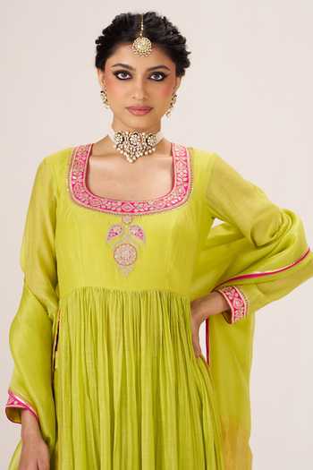 Shop Almaari By Pooja Patel Lime Silk, , Silk, Tissue Roop Anarkali Kurta And Pant Set Online at Aza Fashions Shop_Almaari By Pooja Patel_Lime Silk, , Silk, Tissue Roop Anarkali Kurta And Pant Set _Online_at_Aza_Fashions
