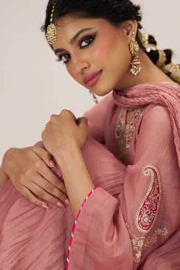 Shop Almaari By Pooja Patel Pink Chanderi , Flat V-neck Rangrez Anarkali Set Online at Aza Fashions Shop_Almaari By Pooja Patel_Pink Chanderi , Flat V-neck Rangrez Anarkali Set _Online_at_Aza_Fashions