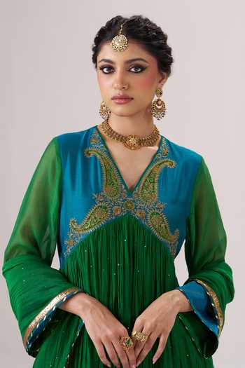 Buy Almaari By Pooja Patel Green Silk, Chanderi V-neck Zoya Anarkali Set Online at Aza Fashions Buy_Almaari By Pooja Patel_Green Silk, Chanderi V-neck Zoya Anarkali Set _Online_at_Aza_Fashions