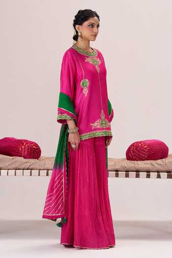 Almaari By Pooja Patel_Pink , Silk Round Neck Adaa Short Kurta Sharara Set _Online_at_Aza_Fashions