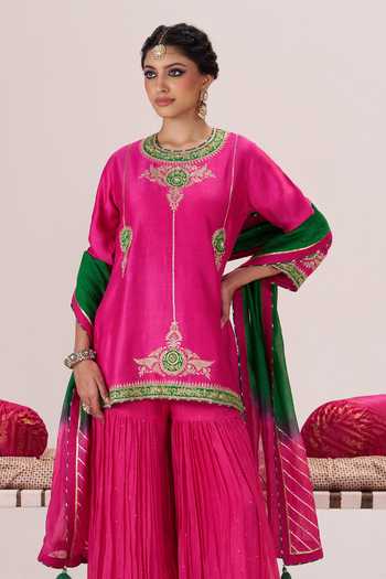 Buy_Almaari By Pooja Patel_Pink , Silk Round Neck Adaa Short Kurta Sharara Set _Online_at_Aza_Fashions
