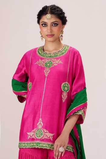Shop_Almaari By Pooja Patel_Pink , Silk Round Neck Adaa Short Kurta Sharara Set _Online_at_Aza_Fashions