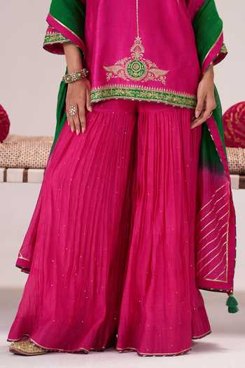 Almaari By Pooja Patel_Pink , Silk Round Neck Adaa Short Kurta Sharara Set _at_Aza_Fashions
