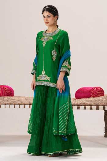 Buy Almaari By Pooja Patel Green Chanderi Round Neck Adaa Kurta Sharara Set Online at Aza Fashions Buy_Almaari By Pooja Patel_Green Chanderi Round Neck Adaa Kurta Sharara Set _Online_at_Aza_Fashions