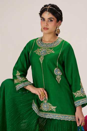 Shop Almaari By Pooja Patel Green Chanderi Round Neck Adaa Kurta Sharara Set Online at Aza Fashions Shop_Almaari By Pooja Patel_Green Chanderi Round Neck Adaa Kurta Sharara Set _Online_at_Aza_Fashions