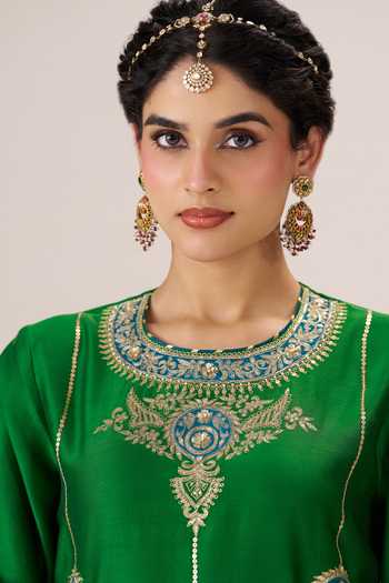 Buy Almaari By Pooja Patel Green Chanderi Round Neck Adaa Kurta Sharara Set Buy_Almaari By Pooja Patel_Green Chanderi Round Neck Adaa Kurta Sharara Set