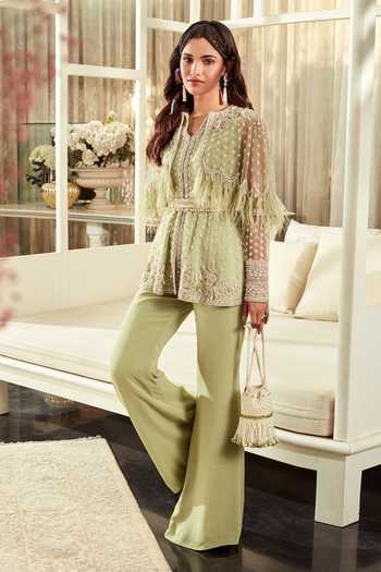Buy Ridhi Mehra Green Tunic And Belt Net & Pant Georgette Pearl, Azalea Cape Style & Set at Aza Fashions Buy_Ridhi Mehra_Green Tunic And Belt Net & Pant Georgette Pearl, Azalea Cape Style & Set _at_Aza_Fashions