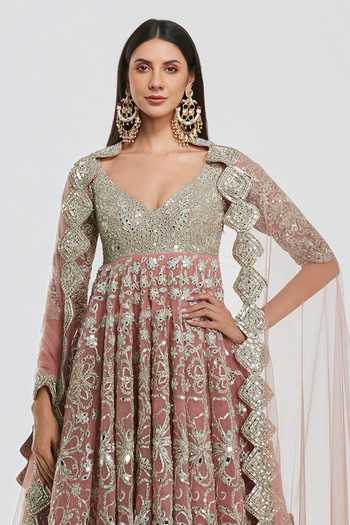Shop_Abhinav Mishra_Pink Net V-neck Mirror Work Anarkali With Dupatta _Online_at_Aza_Fashions