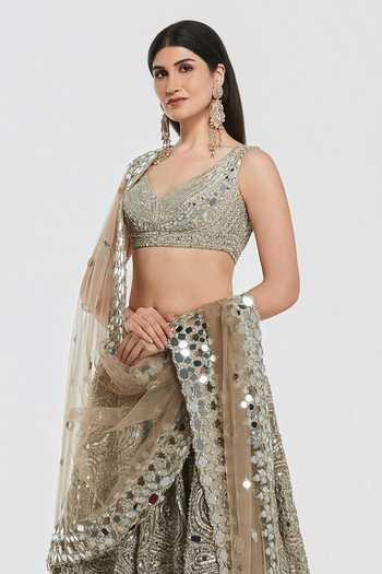 Abhinav Mishra Gold Net V-neck Mirror Work Lehenga Blouse Set at Aza Fashions Abhinav Mishra_Gold Net V-neck Mirror Work Lehenga Blouse Set _at_Aza_Fashions