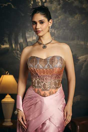 SAANJH BY LEA_Pink Satin, Brocade Sweetheart Neck Hansika Pre-draped Saree With Blouse _at_Aza_Fashions