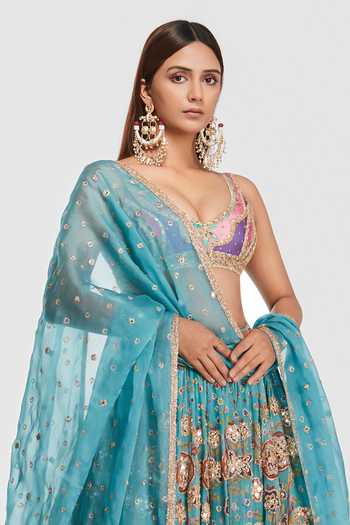 Buy_Abhinav Mishra_Blue Organza, Chanderi V-neck Zari Embroidered Lehenga Set _Online_at_Aza_Fashions
