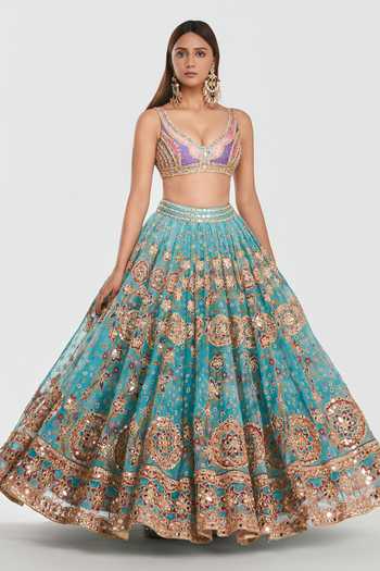 Shop_Abhinav Mishra_Blue Organza, Chanderi V-neck Zari Embroidered Lehenga Set _Online_at_Aza_Fashions