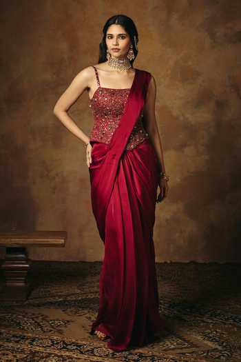 SAANJH BY LEA_Maroon Satin Beads, Stones Square Neck Lohita Corset Blouse _Online_at_Aza_Fashions
