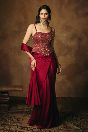 Shop_SAANJH BY LEA_Maroon Satin Beads, Stones Square Neck Lohita Corset Blouse _Online_at_Aza_Fashions