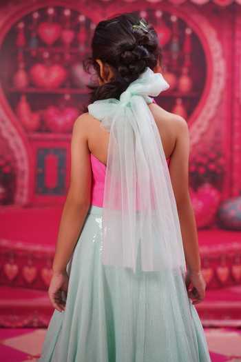 Panchhi By Kanupriya Tibrewala Pink Silk Organza, Georgette, Net Akshar Embroidered Blouse Skirt Set Online at Aza Fashions Panchhi By Kanupriya Tibrewala_Pink Silk Organza, Georgette, Net Akshar Embroidered Blouse Skirt Set _Online_at_Aza_Fashions