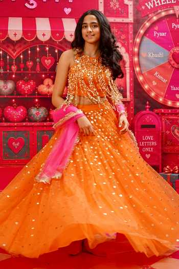 Panchhi By Kanupriya Tibrewala Orange Tulle, Net Dil Ki Dor Embroidered Lehenga Set Online at Aza Fashions Panchhi By Kanupriya Tibrewala_Orange Tulle, Net Dil Ki Dor Embroidered Lehenga Set _Online_at_Aza_Fashions