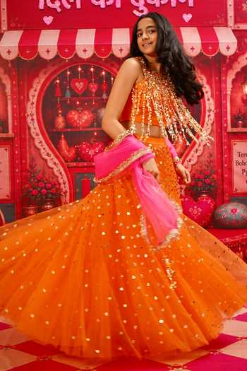 Buy Panchhi By Kanupriya Tibrewala Orange Tulle, Net Dil Ki Dor Embroidered Lehenga Set Online at Aza Fashions Buy_Panchhi By Kanupriya Tibrewala_Orange Tulle, Net Dil Ki Dor Embroidered Lehenga Set _Online_at_Aza_Fashions