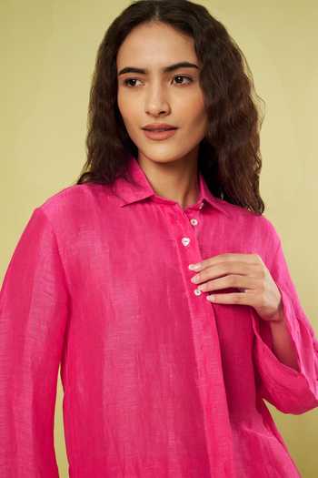 Buy Vinusto Pink Linen, Handloom Cotton Collared Neck Textured Pattern Shirt With Pant Online at Aza Fashions Buy_Vinusto_Pink Linen, Handloom Cotton Collared Neck Textured Pattern Shirt With Pant _Online_at_Aza_Fashions