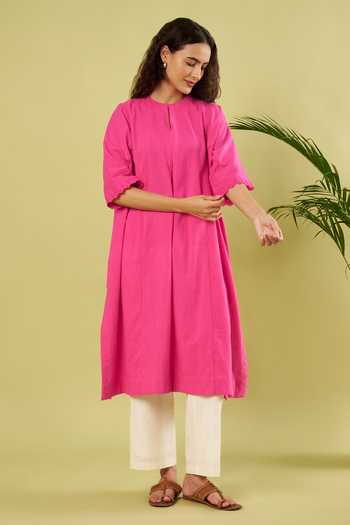 Buy Vinusto Pink Handloom Cotton Round Neck, Yes Straight Kurta And Pant Set Online at Aza Fashions Buy_Vinusto_Pink Handloom Cotton Round Neck, Yes Straight Kurta And Pant Set _Online_at_Aza_Fashions