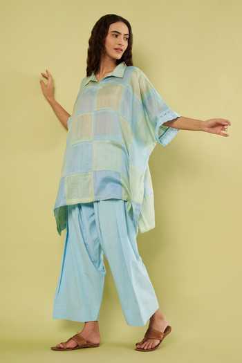 Vinusto_Blue Chanderi, Cotton Collared Neck Patchwork Kaftan And Farshi Salwar Set _Online_at_Aza_Fashions